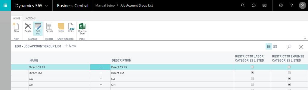 Job Account Group The job account group is used to override the g/l account assigned to a job category. It also allows you to restrict a job to job categories selected.