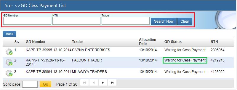 Warehouse Keepers (Bonded Warehouses) Fig-591 Please search a specific Goods Declaration (GD) through GD Number, NTN or Trader name