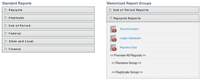 107 Memorized Report Groups Any Payroll report groups that your church staff has memorized will display in this area.