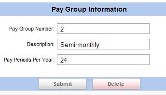 17 Set Up Pay Groups Use the Pay Groups screen to define pay periods for groups of employees paid at the same frequency as specified in the Pay Periods Per Year field.