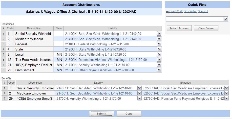24 Enter Account Distributions Use the Account Distributions screen to define liability and expense accounts from the Ledger and Payables system that will be updated with each payroll posting.