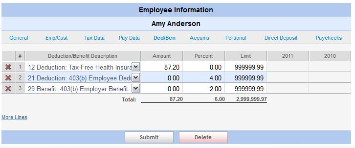 40 Deductions/Benefits Tab Click the Ded/Ben tab to associate elective deductions and/or benefits (codes 11 or higher) with the employee.