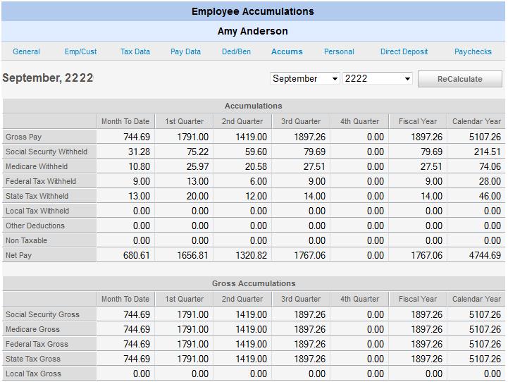 43 Accums Tab The Payroll system updates data shown in the Accums (i.e., Accumulations) screen automatically when payroll is posted.