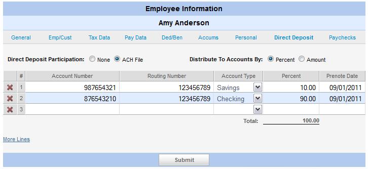 46 Direct Deposit Tab Use the Direct Deposit tab to enter employee information for direct deposit of paychecks into a checking and/or savings account.