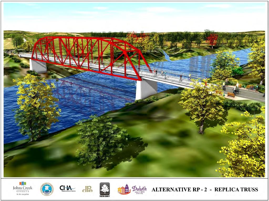 Alternative RP 2 Replica Truss: This Alternative would completely remove the existing Petittype steel truss bridge and replace it with a steel truss that replicates the scale and structural form of