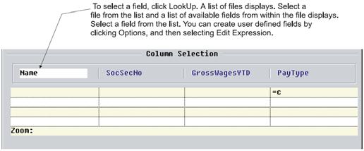 You do not have to include all fields in the query in the report layout. However, to use a field in a user defined column or for sorting purposes, you must select the field in a column.