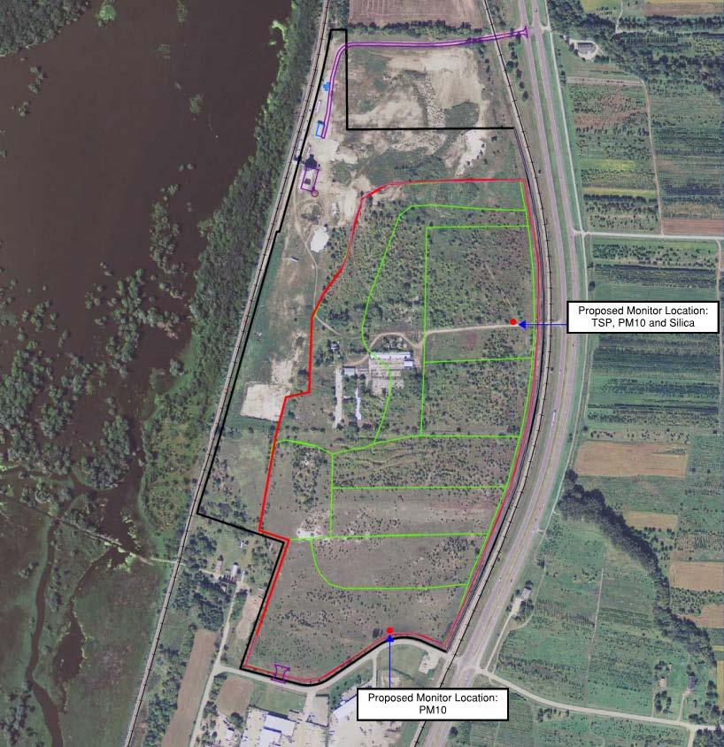 The proposed monitors are to be placed at the two locations as proposed on Figure 4. The purpose of the east monitoring site is to measure concentrations in the direction of neighboring properties.