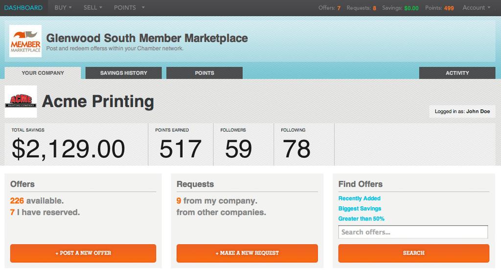 Dashboard Your dashboard is an overview of your activity on Member Marketplace. 1 2 3 4 5 6 7 8 1. COMPANY NAME AND LOGO Edit these under the Account menu. 5. ACCOUNT Edit all of your business & contact info here.