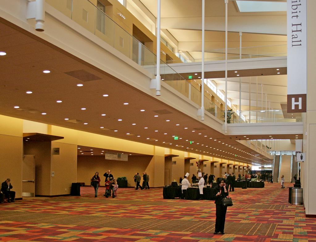 Suspended pre-function area and tapered girders above that create the welcoming handshake gesture. View along Capitol Avenue. MODERN STEEL CONSTRUCTION august 2011 Indiana Convention Center site plan.