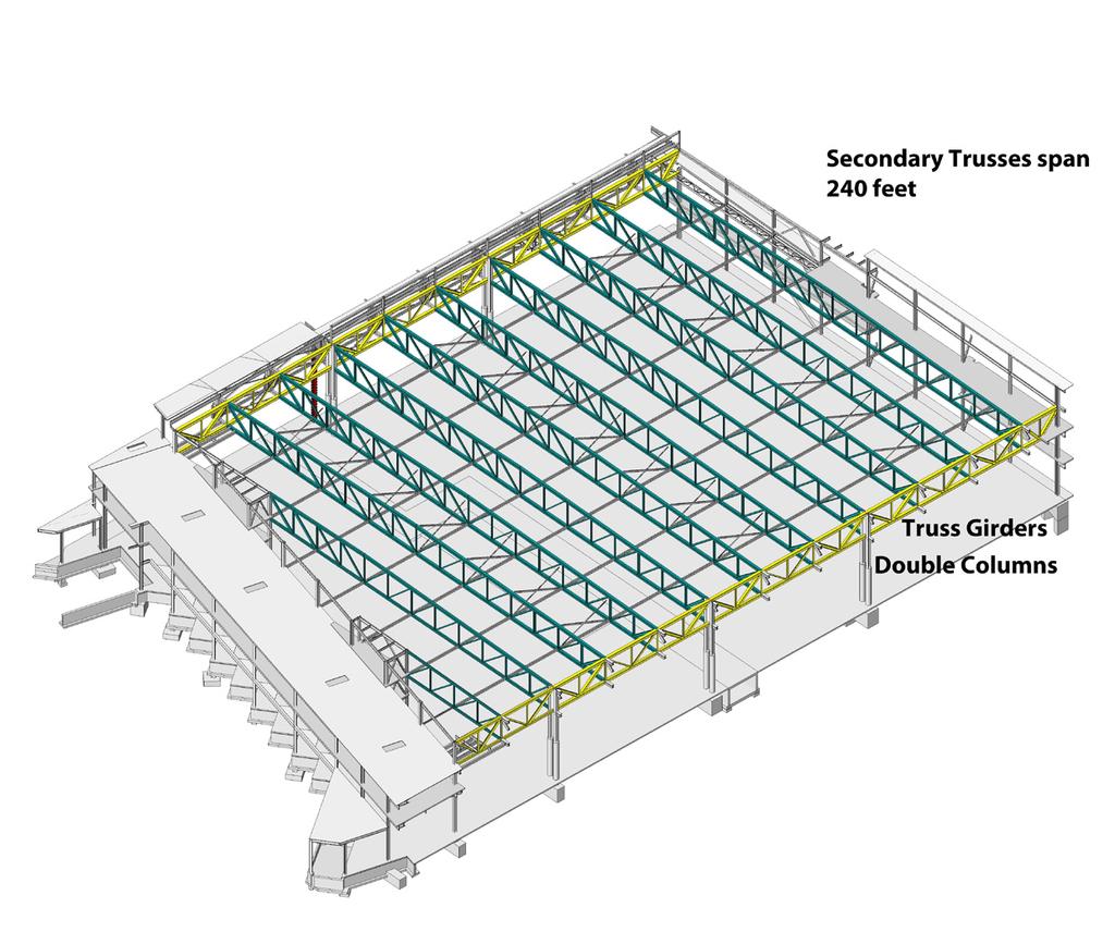 Limiting the deflection for the supported partition walls was a critical design consideration for the truss girders.