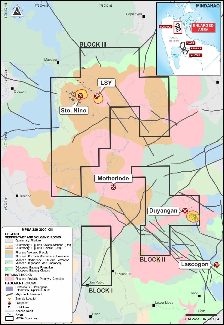 major gold mining operations: 4km NW of historic Manila Mining operations - produced ~20Mt of ore from diatreme-based gold mineralisation 5km SE of