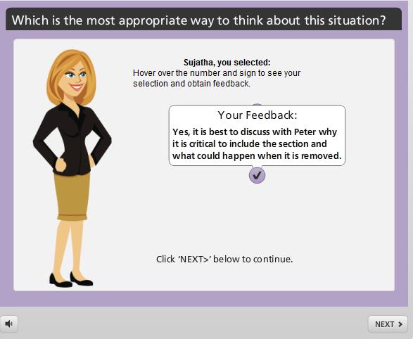 12. Text: Which is the most appropriate way to think about this situation? %FirstName%, you selected: Hover over the number and sign to see your response and obtain feedback. Number 2 and X sign.