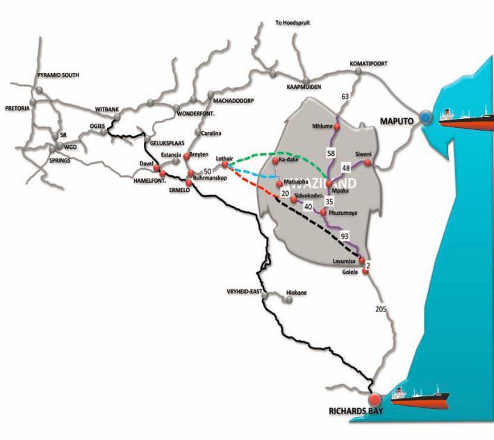 Swaziland Rail Link A proposed Lothair link to a point on the Swaziland rail network presents an alternative route from Ermelo to the east coast deepwater Port of Richards Bay as well as Maputo.
