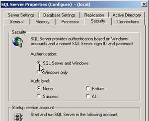 5. Under the Authentication heading: If you are using SQL 2000, select the SQL Server and Windows option. If you are using SQL 2005, select the Mixed Authentication option. 6. Select OK.