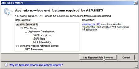 8. A window may display, indicating that additional role services and features are required to support ASP.NET. Select Add Required Role Services.