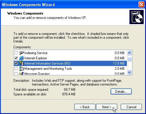 3. In the Windows Component Wizard, enable Internet Information Services (IIS) and select Next. 4.