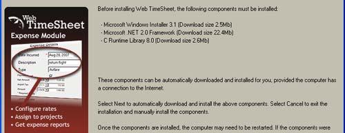 If you are using Windows 2000 and a message displays stating that you cannot install Web TimeSheet without the KB 835732 Security Update installed on