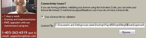2. If the installer has trouble connecting to your database, an error message will display, and you will be given the option to enter a path to a valid license file. D.