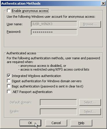 6. In the Authentication Methods window: a. Disable the [Enable] anonymous access check box. b. Enable the Integrated Windows authentication check box. c. Select OK. 7.