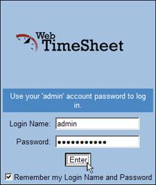 3. The Web TimeSheet login page displays. Enter the password you just created into the Password field, and then select the Enter button.