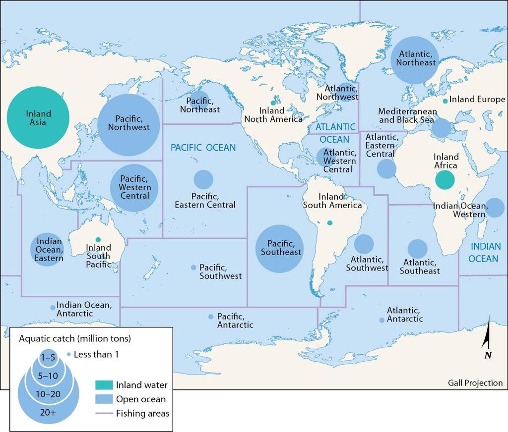Major Fishing Regions (pg. 383) # s 36-38 36. According to the map of major world fishing regions, the northwestern Pacific Ocean annually contributes a. 1 to 5 million tons of aquatic catch. b.