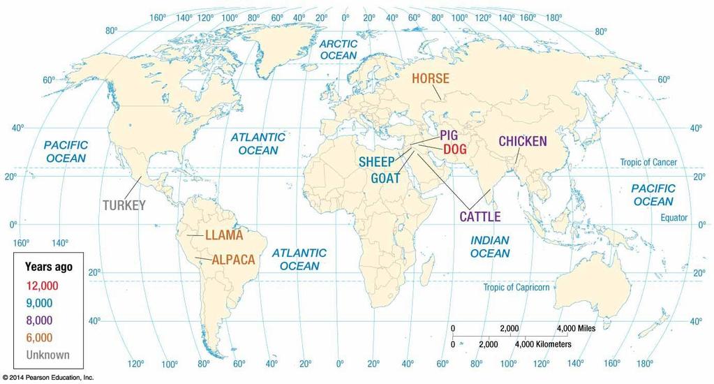 Animal Hearths (pg. 349) # s 6-8 6. The map of animal hearths indicates that a. animals can be raised only in and near specific hearths, owing to the limited number of climates in the world. b. chickens were domesticated in the Americas.