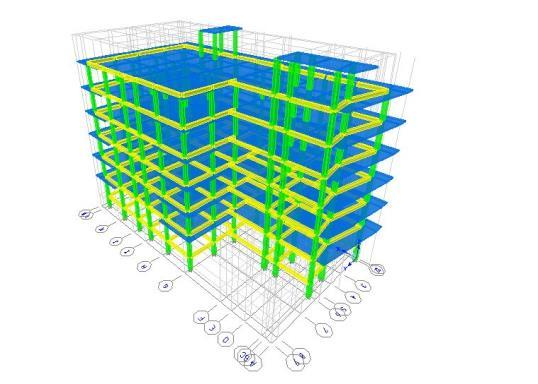 Fig. 2: 3D Finite Element Model of the 6 Storied Building slab system (level-4, 5, 6). Beams and columns were modeled with appropriate frame elements. The slab was modeled with shell elements. Fig.