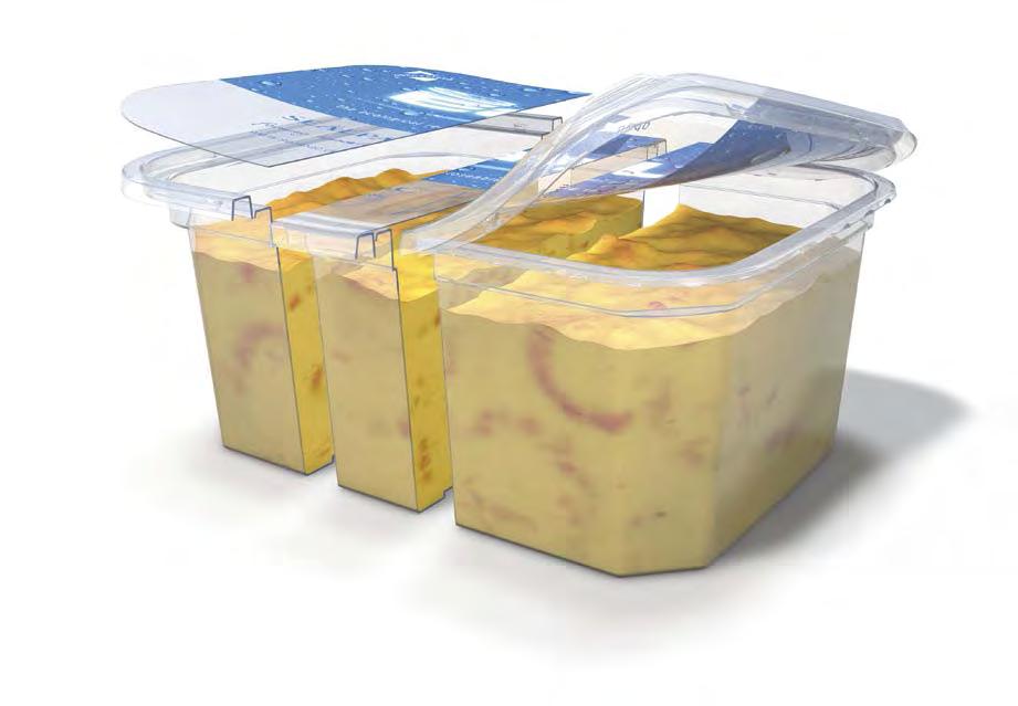Gamba Packaging Multi-cavity trays puzzleplate Portion-packs Developed specifically for unprocessed shrimp: body parts that lie over the sealing edge are cut off