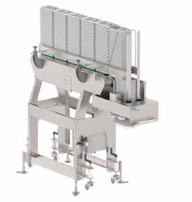 Tray unstacker with a storage module FEATURES Equipment maximum performance: 30 cycles/min. Variable estimation subject to the type of tray. Adaptable to containers of different materials and sizes.