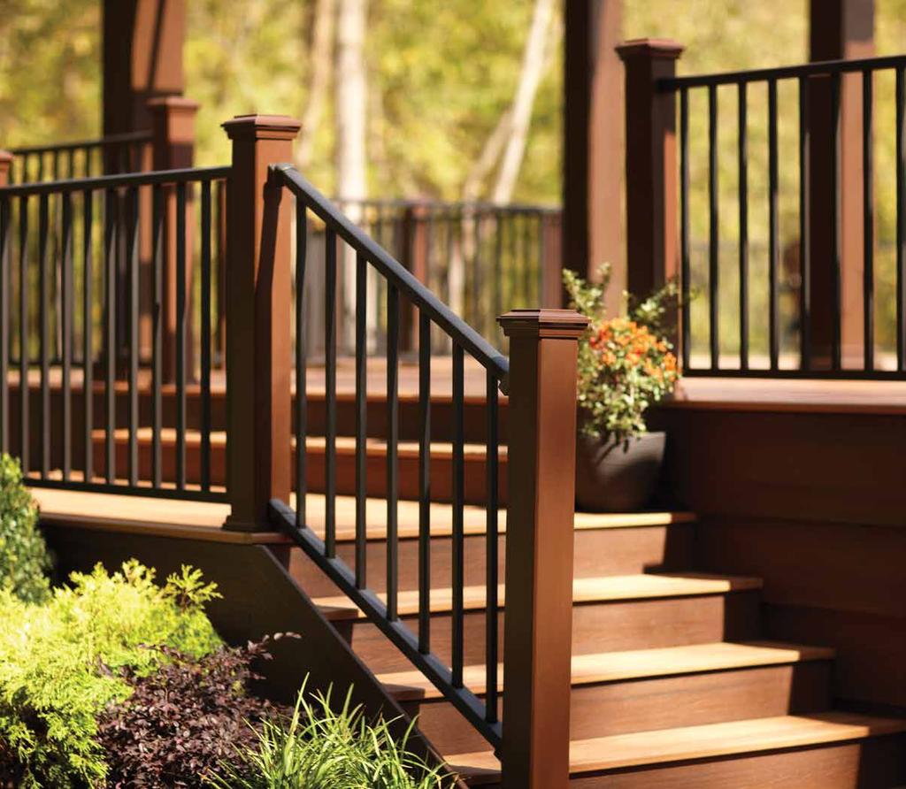THIS PAGE railing: Reveal with Trex post sleeves decking: Transcend in Lava Rock & Tiki Torch FRONT COVER railing: Transcend & with round aluminum balusters decking: