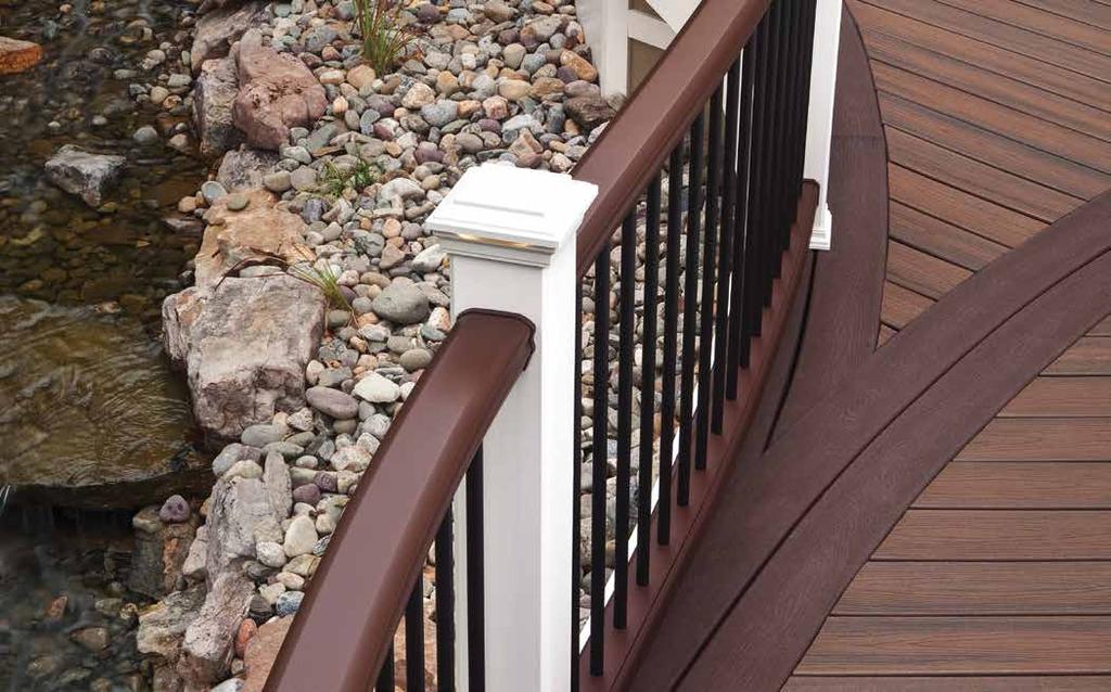 Trex railing offers railing: Transcend & Vintage Lantern with round aluminum balusters decking: Transcend in Spiced Rum & MORE MORE STYLES MORE OPTIONS MORE DURABILITY than any railing out there