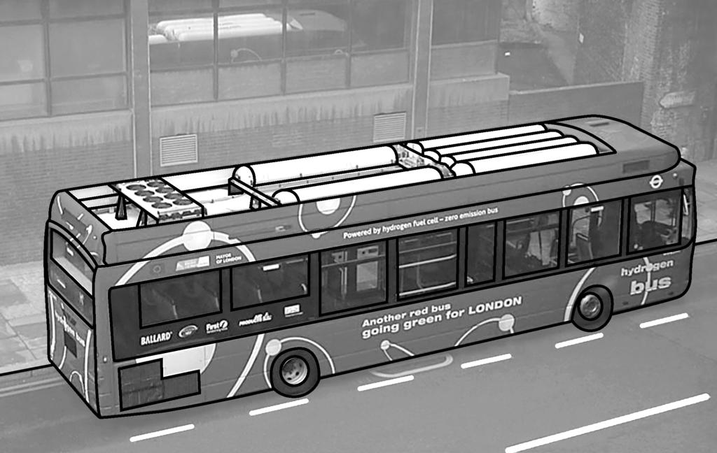 28 (c) The photograph shows one of the new buses for London. The bus uses hydrogen as a fuel. There are six hydrogen fuel tanks, which can be seen on the roof of the bus.