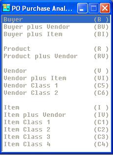 Print Purchase Analysis Reports Sort Selection Press F2 from the Sort Selection field to select for the sort list below or enter the corresponding letter of the Purchase Analysis sorts.