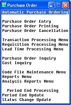 Purchase Order Main Menu Purchase Order Main Menu Introduction The Thoroughbred Solution-IV Purchase Order package automatically creates and prints purchase orders and records item receipts with full