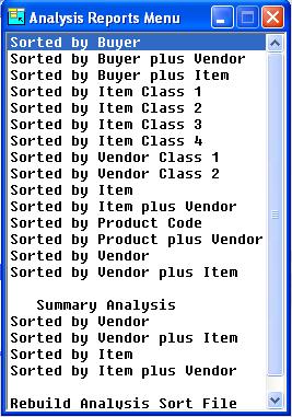 Analysis Reporting Menu Analysis Reporting Menu Introduction This menu gives you access to the purchase analysis reports.