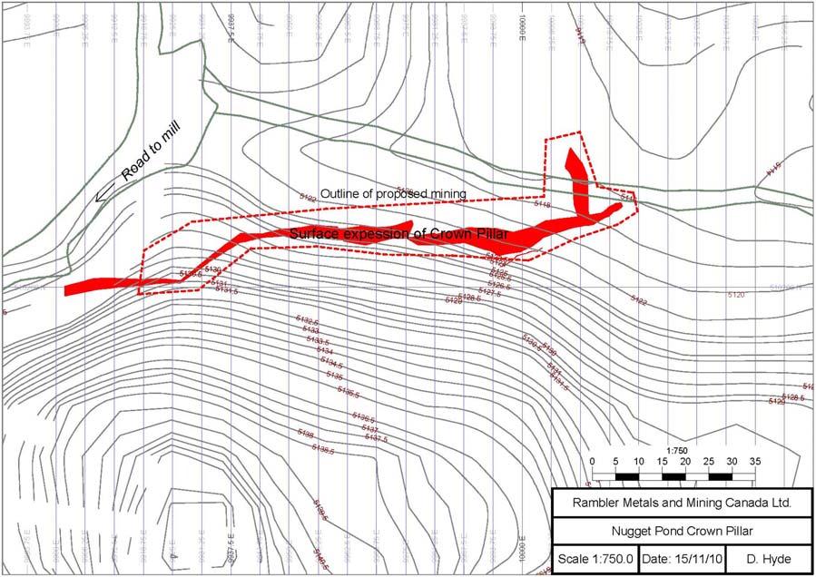 Rambler Metals and Mining Canada Ltd. 9 Figure 5: Sketch of a long section view of the crown pillar with depth extent of proposed mining. Figure 6: Approximate surface expression of the.