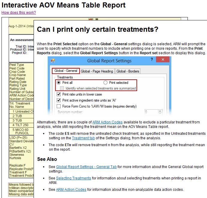 Help for AOV Means Table For example, click on treatments in help topic