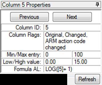 Assessment Data Column Properties Column navigation Column description Min, Max, Range