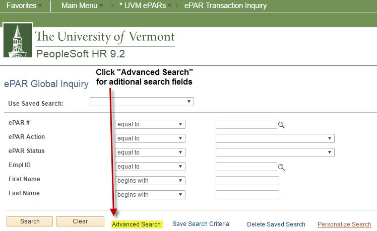 Using the saved searches functionality: The saved search functionality under epar Transaction Inquiry increases user