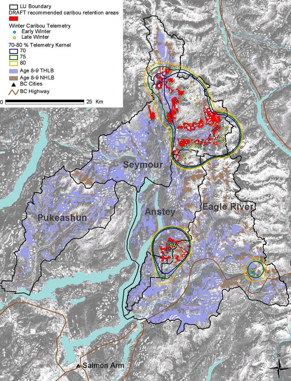 Figure 2. Location of age class 8 and 9 THLB forests in 4 LUs within the Okanagan-Shuswap Forest District (purple and red).
