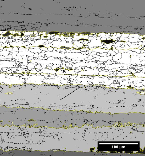stable localized corrosion site at increased magnification, (c)