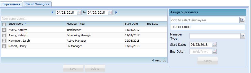 Then from the dropdown menu, choose the type of manager needed to go over that group. Supervisor Types Accounting Manager User has access to create Charge Codes, Pay Types, etc.