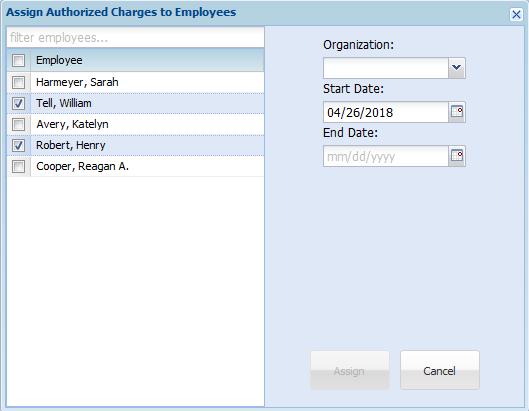 After selecting Assign to Employees a popup box will appear with all active employees. Use the checkboxes besides the employee(s) name to select all that need those codes.