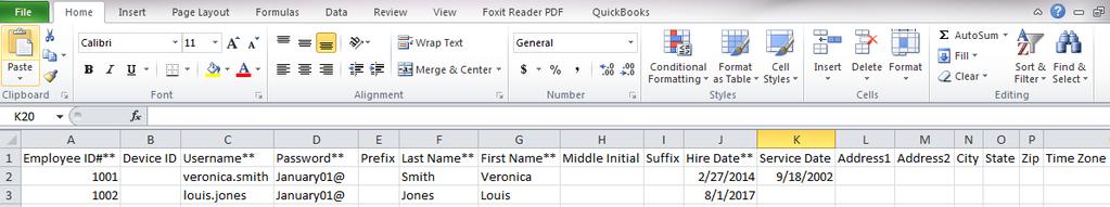 Example: The top header row will not be imported. Save the spreadsheet as a.csv and browse for the file on the Import Employees page.
