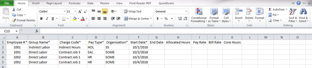The top header row will not be imported. Save the spreadsheet as a.csv and browse for the file on the Import Charge Code page. Click Import under the browse button.