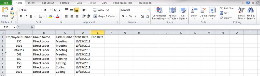 Example: The top header row will not be imported. Save the spreadsheet as a.csv and browse for the file on the Import Group Task# page.