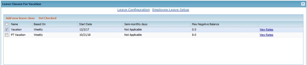 Update Leave Classes After selecting Leave Classes on the Leave Configuration page, the row(s) of leave class(es) will display.