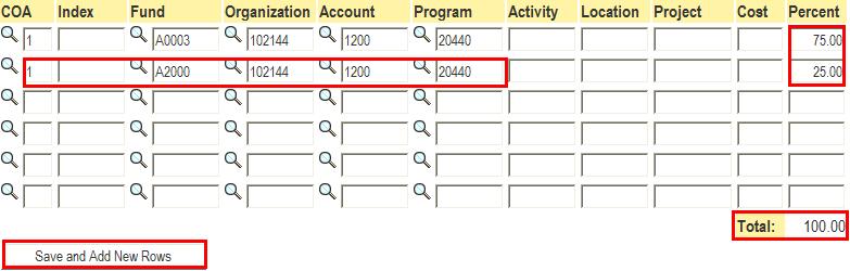 Example 1 Funded by One Organization and Fund The first funding line is automatically entered based on the Position number.