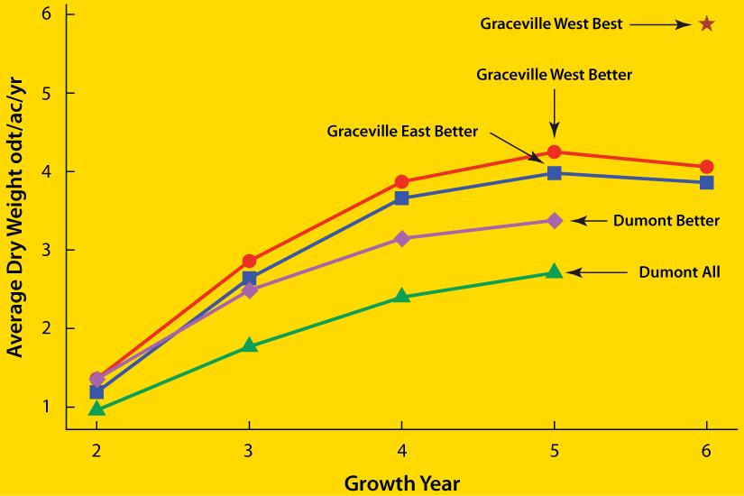 These measurements provided information on the growth patterns of the trees for the NM6 clone for (1) the annual incremental biomass growth and (2) the cumulative biomass growth.