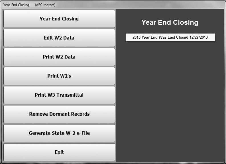 4. Click Year-End Closing & W2 s on the Maintenance menu.